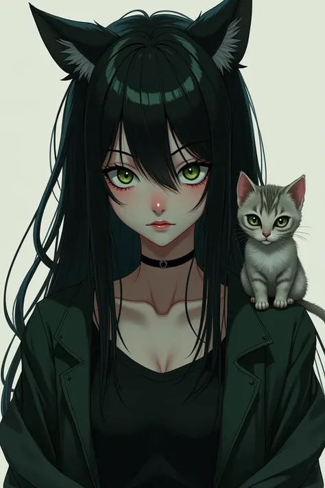 An anime girl. Long black hair and wolf cut. He has green eyes. Its not cool and cute. Conspirator. The kitten has no ears. Hes wearing a loose, cool sweatshirt.