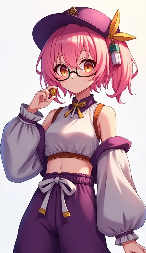 masterpiece, highest quality, want me (Genshin impact), Slime_(Genshin_impact), 1 girl, pink hair, have, Glasses,alone, removed sleeve, pants, harem pants, coin, looking at the viewer, 鼻Glasses, purple hat, smile, crop top, white sleeves, orange eyes, puff...