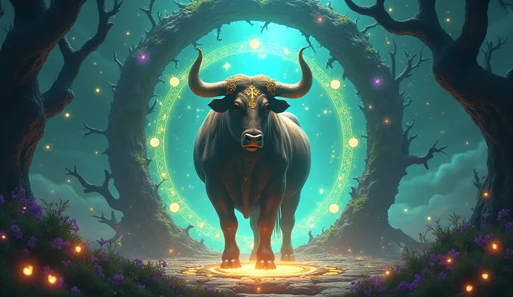 Prompt 10: The Bull of the Mystic Gateway (Surreal Fantasy Style)Visualize an enormous bull standing before an archway made of intertwining branches and glowing crystals that seems to lead into a mystical realm. The scene is depicted in a surreal fantasy s...