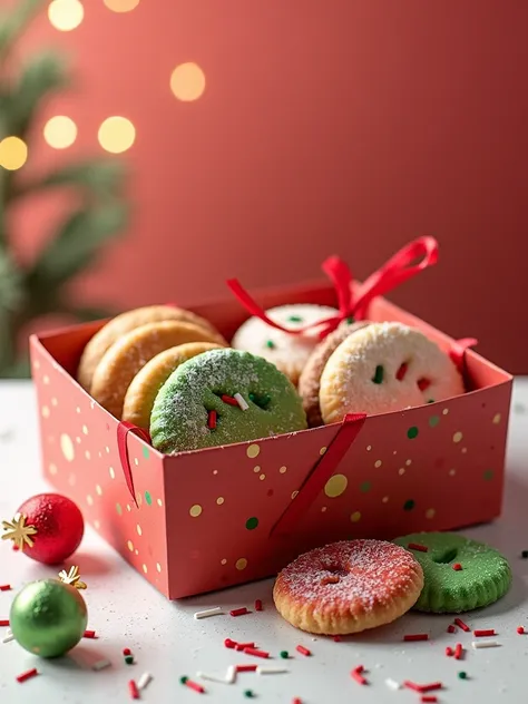  Create an advertisement for a cookie company called cookies do bibis,  that includes a Christmas edition with 3 product options  .Product a box of four cookies that costs 25 reais ,  the second product is a box with 3 cookies plus three chocolates that co...