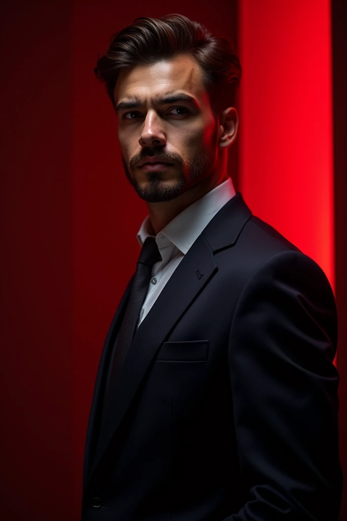 22 years old boy beard mustache with black background red light in business suit 