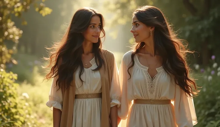 A beautiful Christian woman with blue eyes and brown hair walking with a black-haired woman .