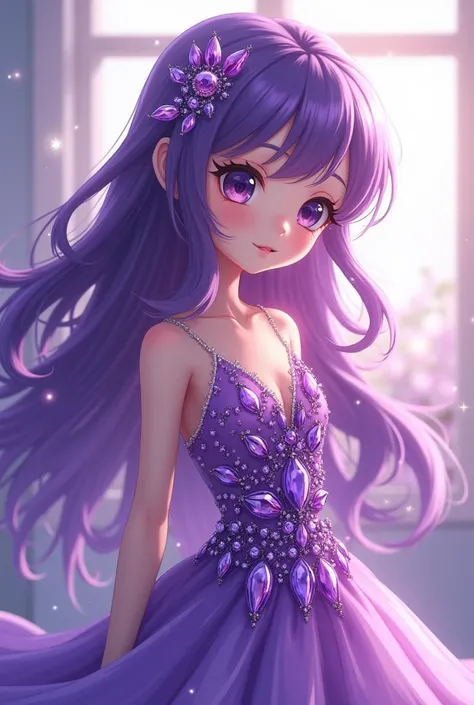 anime girl amethyst hair and dress with amethysts super cute