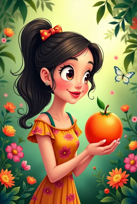 Creat a cartoon image of a woman looking at a fresh and delicious fruit in a beautiful vibrant garden 