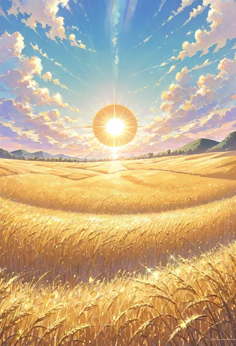 ((pastel)),large kingdom, gold sun, large sun,  ,Wheat field,Gold brilliance,noon,  the sun shines in , A view from a distance 