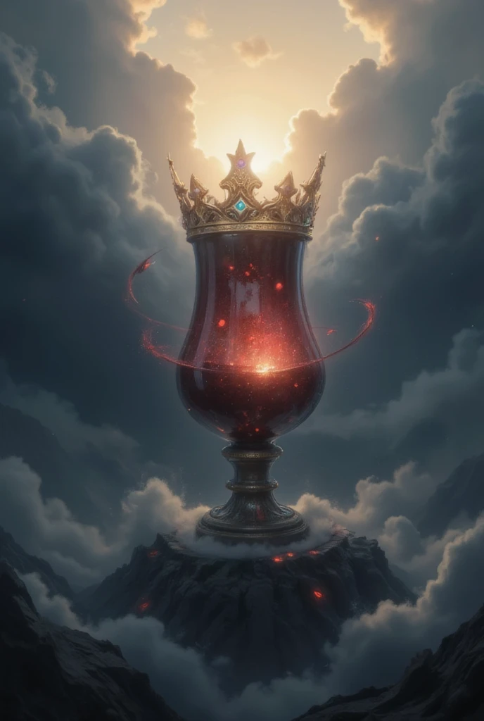 This is a digital artwork featuring a fantastical, dreamlike scene. The central element is a majestic, ornate goblet filled with a rich, crimson liquid, which appears to be a magical potion. The goblet is crowned with an intricately designed, golden crown ...