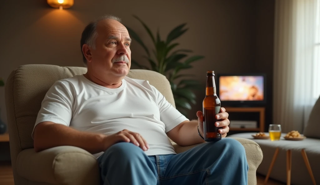 A realistic live-action depiction of a middle-aged man sitting on a comfortable armchair, holding a bottle of beer. He has a round face, light tan skin, and thinning hair with a receding hairline. The man wears a simple white t-shirt and loose blue jeans, ...