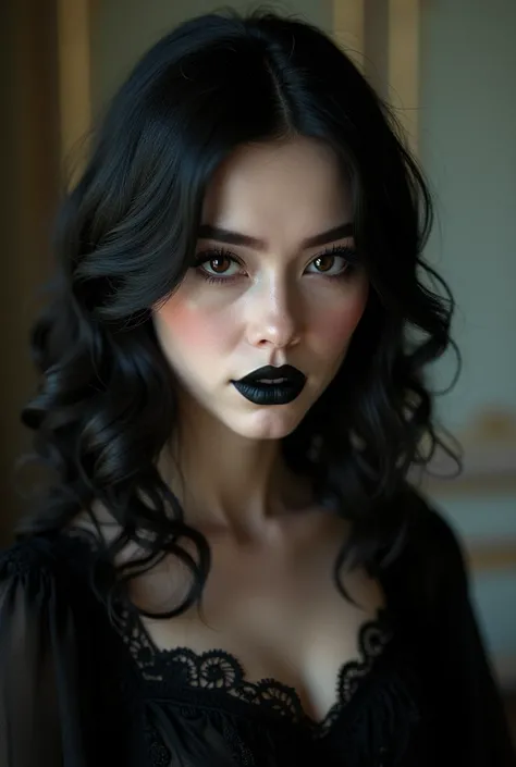  Elegant yet Victorian casual Gothic woman ,  white but not pale ,  black eyes and intense eyebrows ,  with medium long wavy black hair ,  slim but marked ,  with soft makeup focused on her intense and outlined eyes