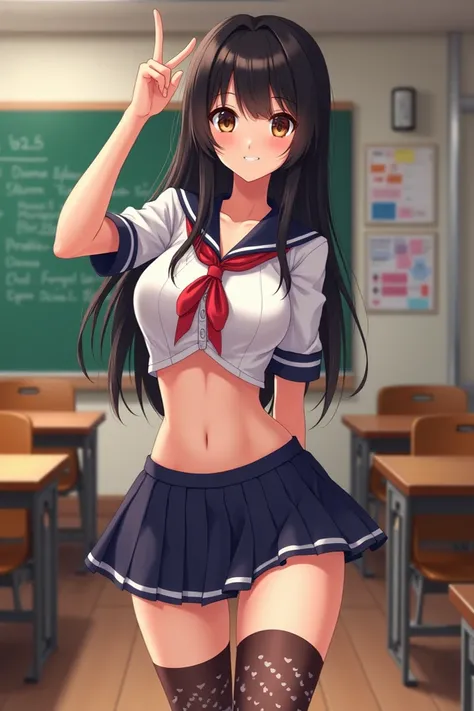 Semi naked anime girl in stockings in school uniform