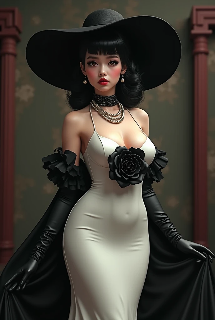 Alcina is an attractive 19-year-old gothic young woman with a slender but voluptuous hourglass figure with a narrow waist, large breasts, and large broad hips. She has black neck-length hair worn pinned up in tight curls from the 1950s and her skin tone ap...