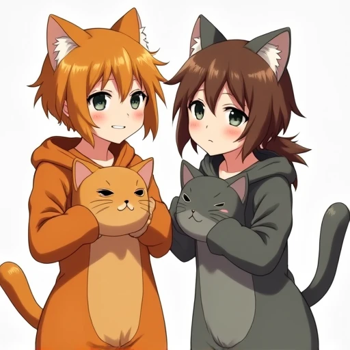 A woman with short orange-yellow hair tied in a low ponytail. Her eyes are gray and expressive, and there is a sly smile on her face. She is dressed in a plush orange cat suit, with cat gloves on her hands, and in her hands she holds a plush furry cat head...