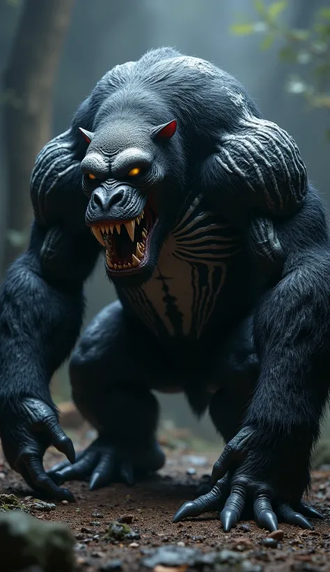 Venom + Gorilla + Hippo. Venom And Gorilla And Hippo Physically Combined, Gorillas Full Body, Black Venom, Hippos Face, Bears Black Hairs, Hippos Ears, Venoms Big White Eyes, Venoms White High Detailed Lines On Body, High Detailed, Realistic