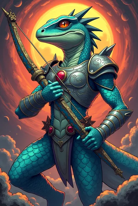  a lizard with a bow and armor for archers, Drawing style: Yu gi oh duel monsters 