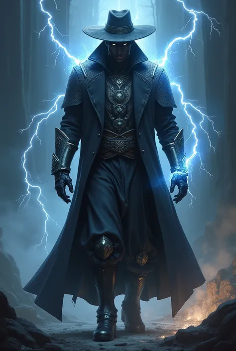 Create an image of a "Steel Sorcerer", a human figure clad in wool hat, trenchcoat l, and gloves, with lightning sparking around them