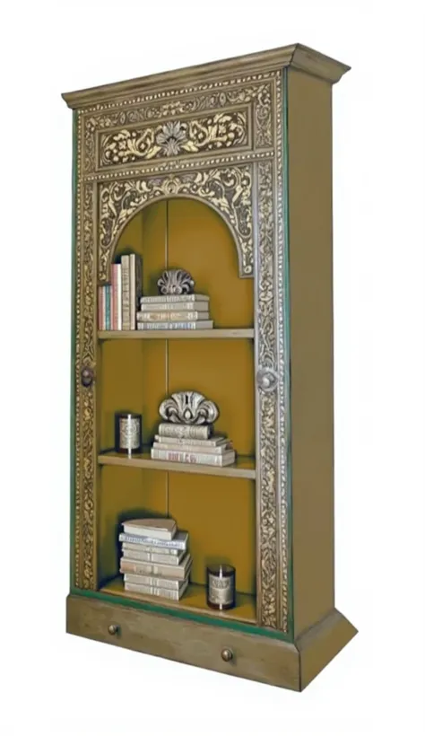  Antique wooden cabinet in oriental style in dark brown color,  on the shelves old books with leather covers.