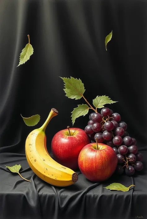 CREATE SKETCHES FOR PHOTOGRAPHS WITH 3 FRUITS APPLES , PLATANOS, GRAPES AND LEAVES FALLING LOW KEY AND BLACK CLOTH BASE 