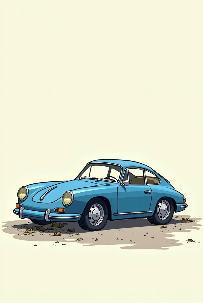 please generate a cartoon-style square picture with no big details and details and a rounded one in which there is a broken blue porsche