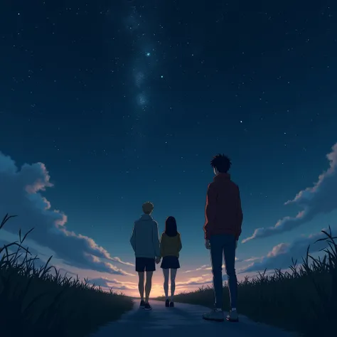 The sad guy in the back looks at the girl walking with her boyfriend under the starry sky
Anime style. Behind the sad guy No face