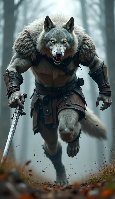 A towering, muscular humanoid wolf warrior, sprinting with fierce determination. The wolf’s silver-gray fur bristles as it runs, with its body marked by deep claw scars, showcasing its survival in countless battles. Its piercing, glowing eyes are locked on...