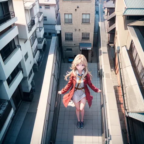  a girl holding another girls hand which is hanging from the roof of a multi-storey building, view from above