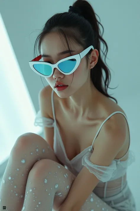  Model wears glass sunglasses,  stockings that depict stars and the moon