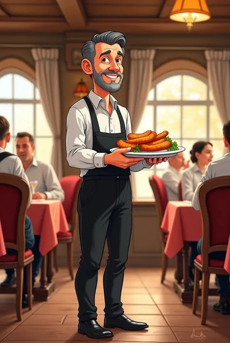 Create a picture of a waiter with a slight beard black hair white shirt black pants black shoes in a restaurant that serves schnitzel the restaurant is called Eikamper Hof. Drawn as a cartoon and the man must be older
