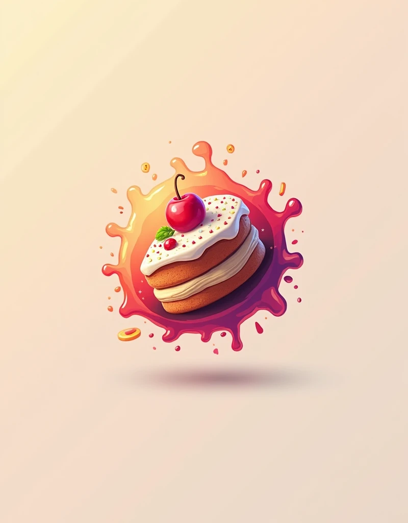 A logo with a plated-colored background with a slight gradient and a cake in the center with a splash effect that circles it diagonally