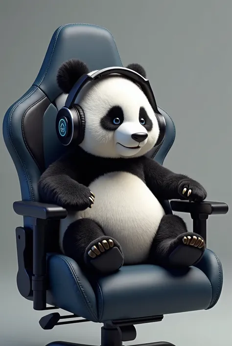 Give me an image of a panda sitting in a gamer chair and wearing headphones.