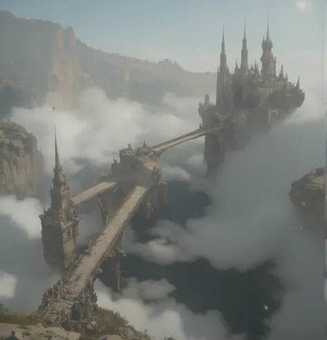 very old bridge(floating in the sky, on the verge of breaking down, stretches far away to castle from the foreground) connected to an ancient castle floating in the sky. in the very deep thick fog and very deep thick haze. Dazzling light pours down from th...