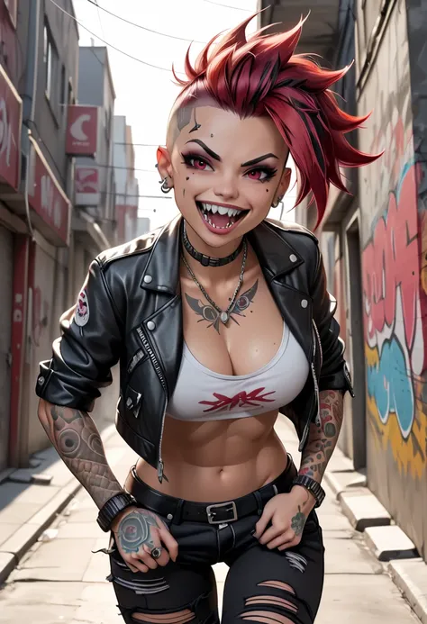 score_9, score_8_up, score_7_up, 1girl, , very small, red eyes, toned body, a punk goth woman, huge chest, tattoo sleeve on right arm, saliva, thick brown mohawk, shark teeth, big toothy smile tattered shirt, leather jacket without sleeves, chasing after v...