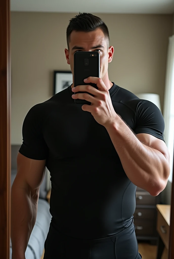 Realistic. A mirror pic of a 63 muscular man with a short black low tape hair. Hes holding his phone that is Samsung. You cant see his face at all because of it. Hes weraing a black compression shirt on and hes in his bedroom. Make it look really realistic...