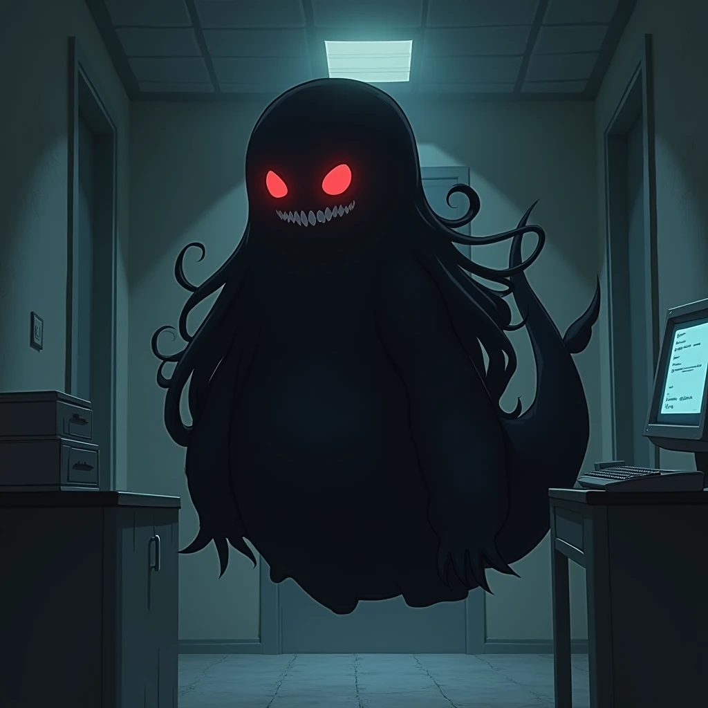 chubby black teenage ghost girl in an abandoned hospital, all black, floating, pure red eyes, sharp teeth, computer with a dark blue screen on a desk, ghost tail instead of legs, monster claws for hands, 1girl, Masterpiece, High Resolution, Best Quality, A...