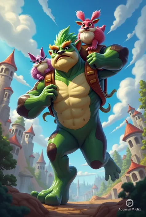 The legend Zac, from the game leauge of legends, has Milio on his shoulders. In Milios backpack is Ahri, Renekton and Jinx