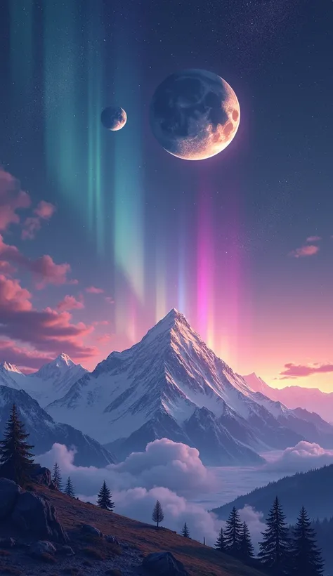 A starry sky on a specific planet, with two continuous moons and a multicolored aurora borealis. In the background, a shining crystal mountain. Subtle details such as constellations in geometric shapes and ethereal creatures floating.