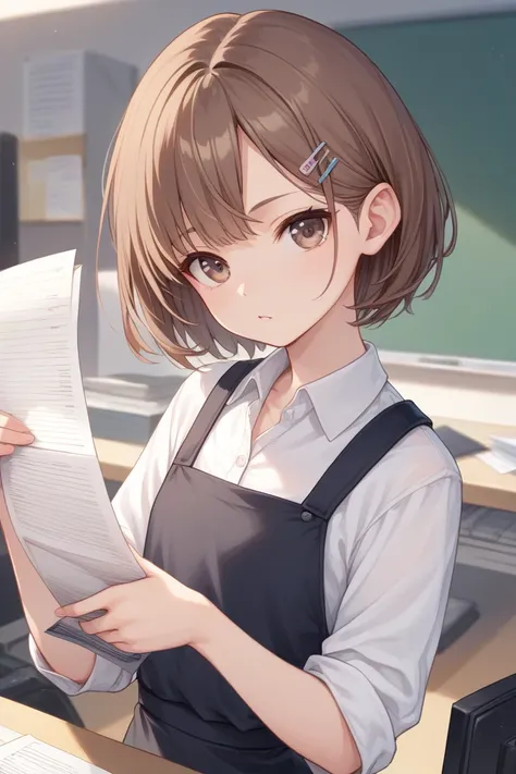 1 girl, ,  short hair,  Brown Hair ,  Hair Clip,  Oculus Nerd ,  Secretary with Papers , flat chest, holding a stack of papers