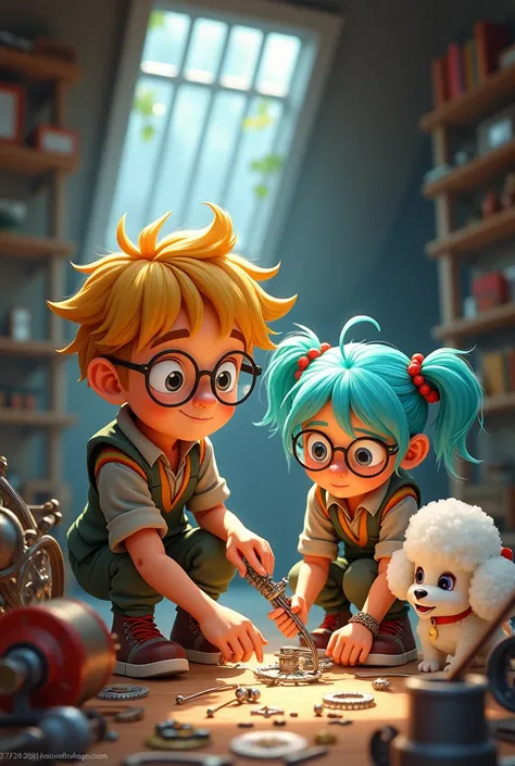 a boy  with blond hair and glasses and a girl with light blue hair and a poodle in an attic looking for tools wires, and gears to build the invention.  animation style