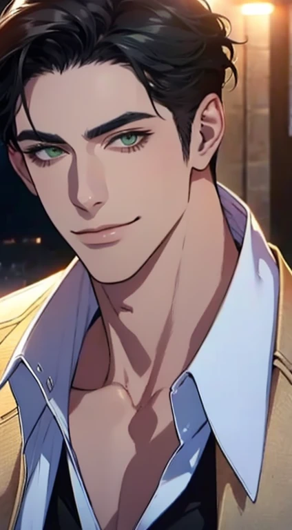 a mature handsome man with short black hair and green eyes, buttoning his jacket, smiling in love, cinematic lighting, photorealistic, 8K, masterpiece, best quality