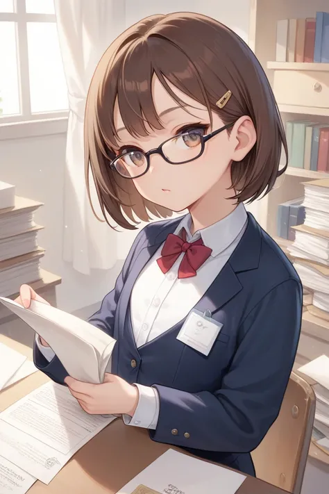 1 girl, ,  short hair,  Brown Hair ,  Hair Clip,  glasses, Nerd ,  Secretary with Papers , flat chest, holding a stack of papers, trabalhando