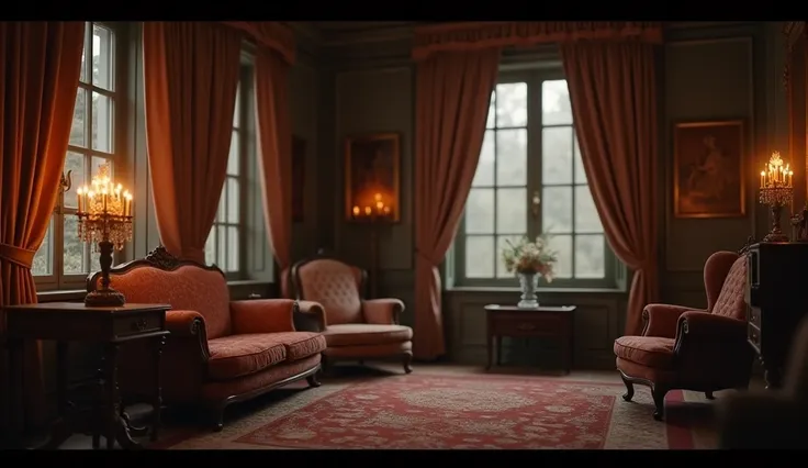 A living room in a very old house in perfect condition, the windows closed with a curtain and the light of a candlestick illuminate the room.