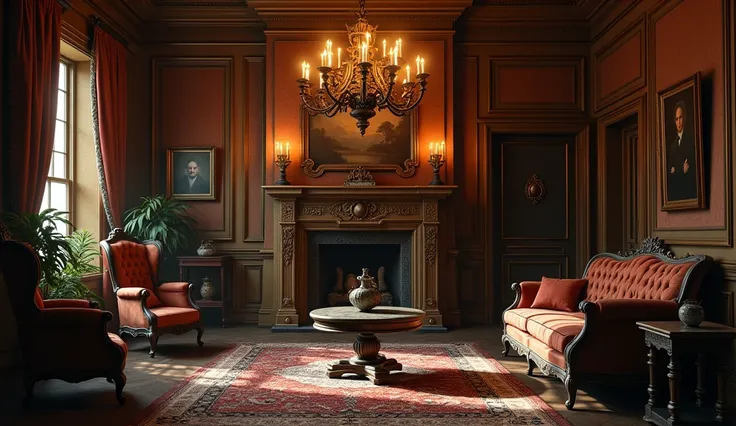 A living room of a very old house in perfect condition without windows and the light of a chandelier illuminates the room