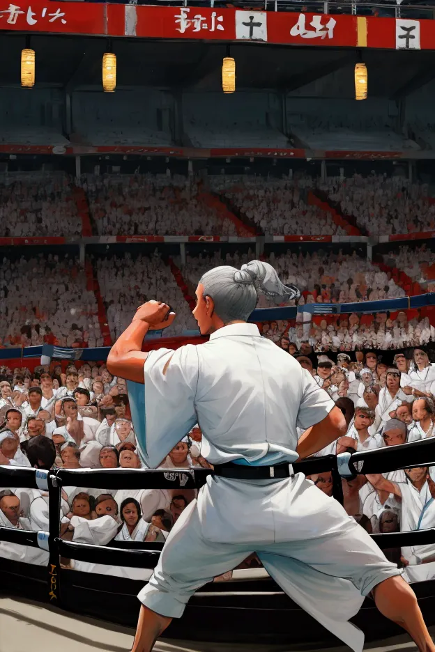 gray waimaraner dog in a white kimono with a black belt fighting a boxer in a crowded stadium ,seen from afar