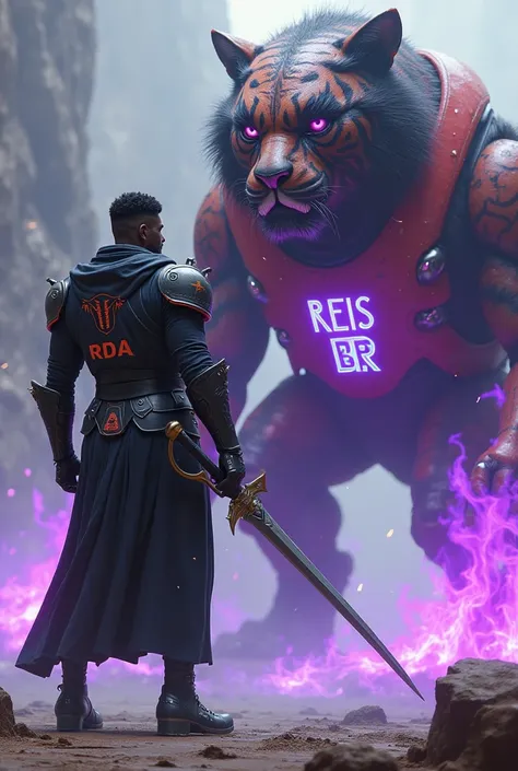  Black man in black-haired future armor wearing a suit with , wearing a Rapier with the acronym Rda Reis behind Rapier ,  standing in front of a giant tiger-shaped creature in future armor with a red shield from the future written Rda Reis Br on the front ...