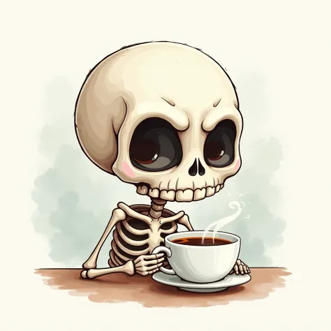 a very cute snarky skull drinking coffee line art watercolor style 