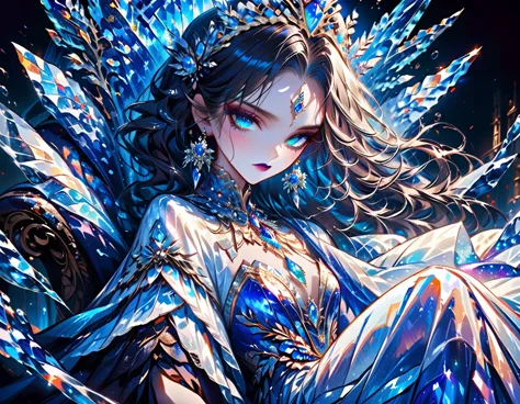 arafed a picture of a frozen throne for an ice goddess, the goddess is sitting on her icy throne, wearing white and blue royal d...