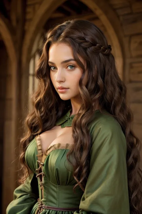 beautiful woman with long curly brown hair and brown eyes, wearing a medieval dress in the color green 