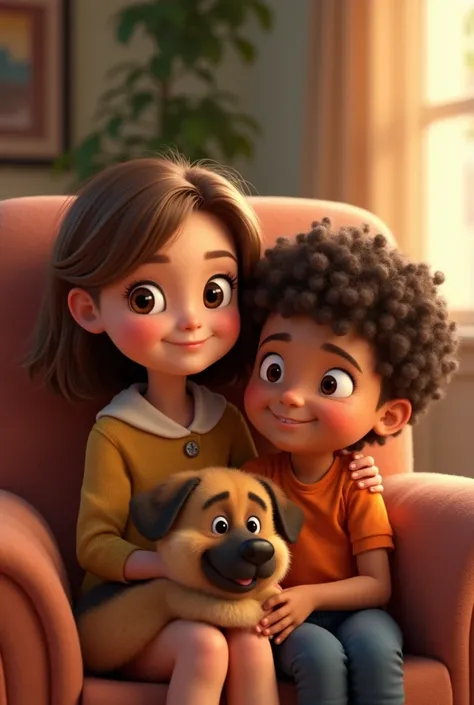 pixar-like poster of a girl with light brown shoulder length hair ,  brown eyes and light dark skin sitting on an armchair in the living room with a boy with brown eyes,  curly dark brown hair with brown skin with a black German shepherd dog on her side 