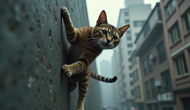 A cat desperately trying to climb a tall wall to return home after getting lost.