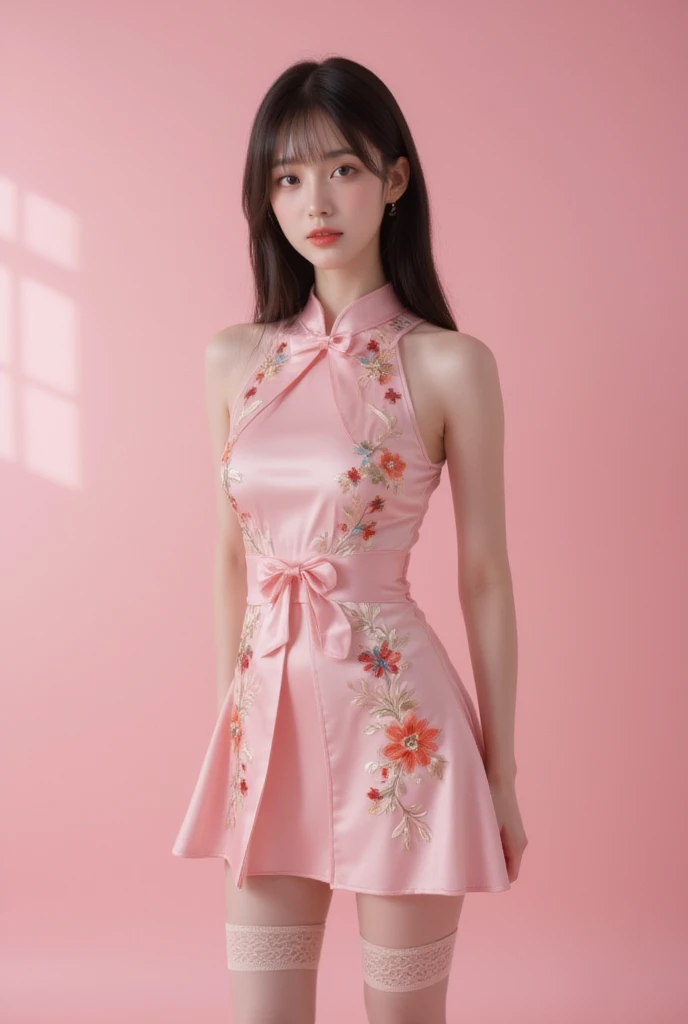 This is a high-resolution, digital photograph featuring an Asian woman with a slender and petite physique, standing against a solid pink background. She has long, straight black hair with bangs and is dressed in a traditional Chinese cheongsam-style dress ...