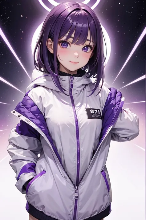 ( best quality, high definition ,8k,inelity detailed background, masterpieces:1.2), pretty girl,( glossy purple hair:1.3),(long hair:1.2) ,short hair, bob cut, Beautiful purple eyes,futuristic winter clothes,Gentle look,A refreshing look,Best quality, best...