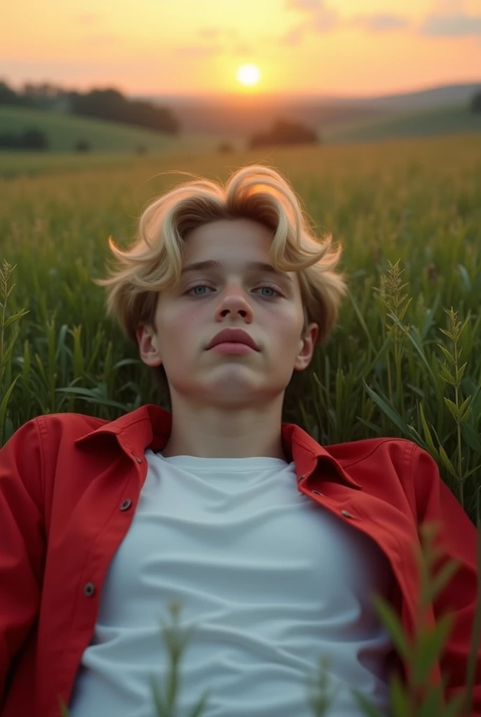  a sweet-looking European boy , innocent, Blonde and handsome. 18 years old.  He wears a white t-shirt and a red jacket,  is lying on a pasture , In the background a beautiful sunset . forest, ladera, isolated, field, Detail in HD, hyperdetail,  breast bon...